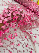 3D Flower Glitter Fabric - Dusty Pink - Flower Design on Glitter Mesh Fabric Sold By Yard