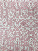 Fancy Damask Lace Fabric - Dusty Pink on Black - Embroidered Damask Design Mesh on Lace Fabric by Yard