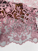Fancy Damask Lace Fabric - Dusty Pink on Black - Embroidered Damask Design Mesh on Lace Fabric by Yard