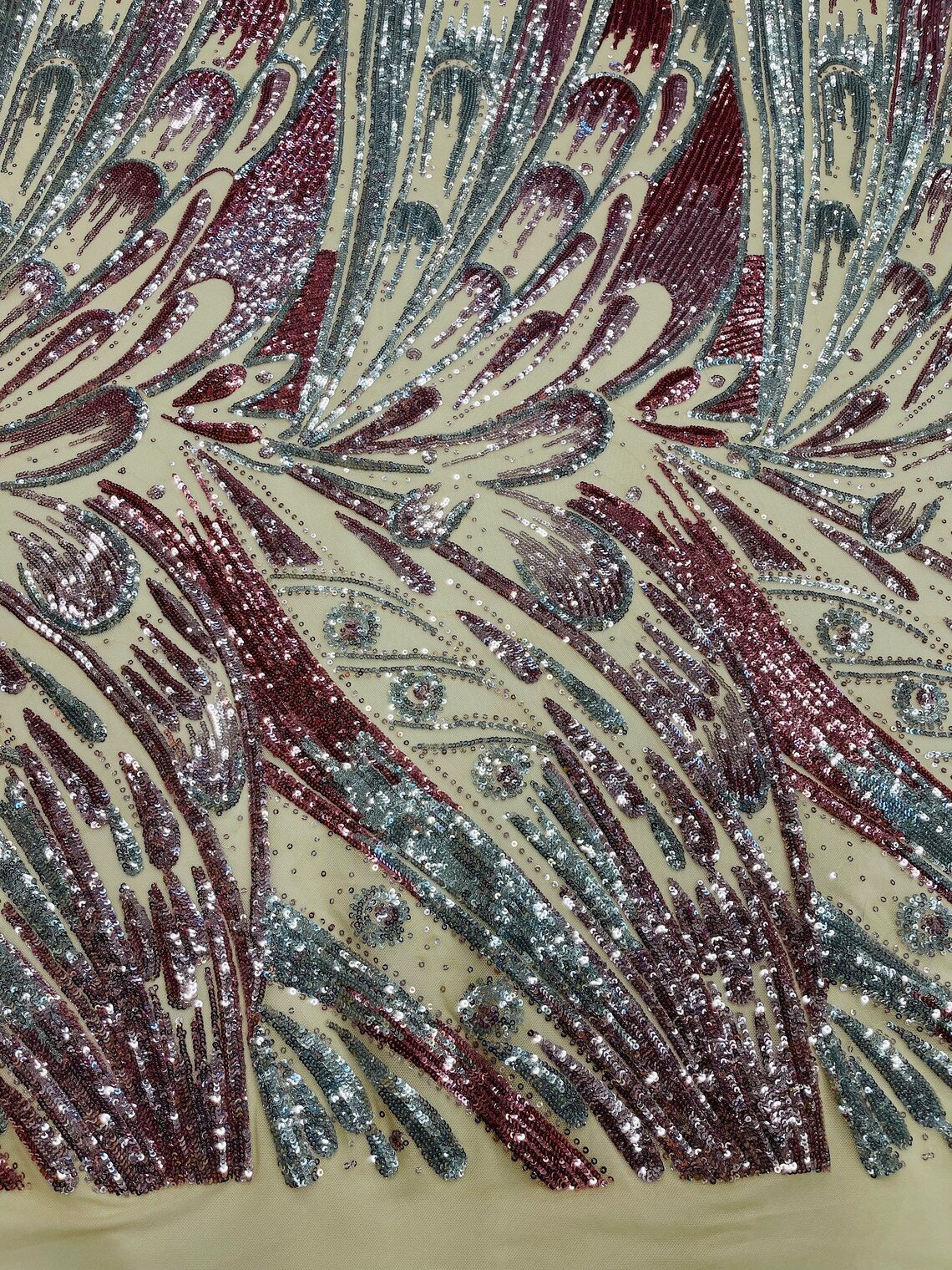 Multi-Color Sequins Design - Dusty Rose / Silver - 4 Way Stretch Sequins Fabric By The Yard
