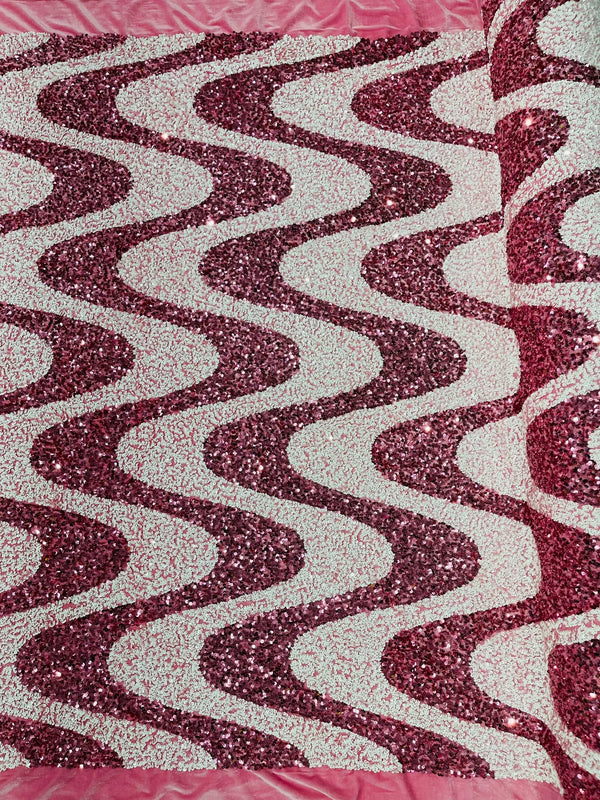 Wavy Line Velvet Sequins - Dusty Rose / White - Velvet Sequins 2 Way Stretch Fabric 58/60” By Yard