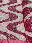 Wavy Line Velvet Sequins - Dusty Rose / White - Velvet Sequins 2 Way Stretch Fabric 58/60” By Yard