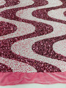 Wavy Line Velvet Sequins - Dusty Rose / White - Velvet Sequins 2 Way Stretch Fabric 58/60” By Yard
