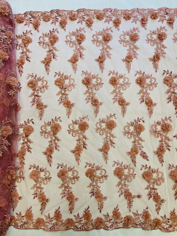 3D Flower Cluster Fabric - Dusty Rose - 3D Flower Leaf Design Fabric with Pearls Sold By Yard