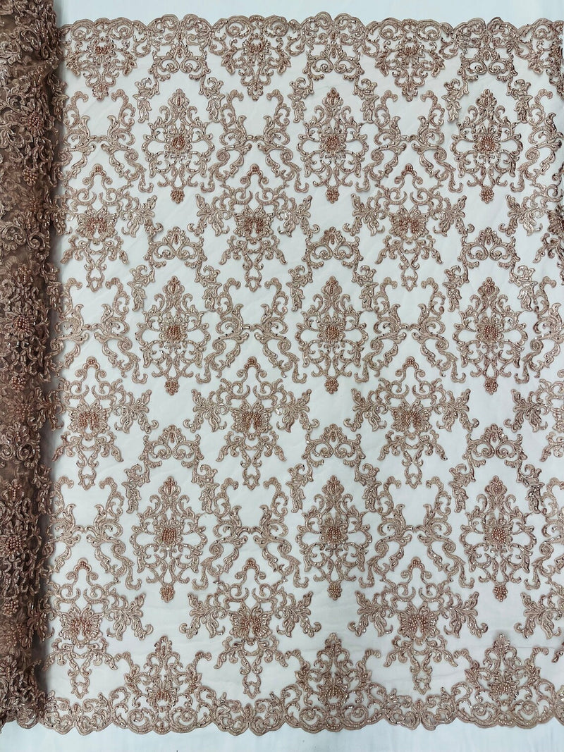 Butterfly Bead Sequins Fabric - Dusty Rose  - Damask Beaded Sequins Lace Fabric by the yard