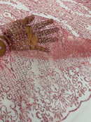 Long Damask Glitter Design - Silver - Tulle Mesh with Mermaid Tail Glitter Design Sold By Yard