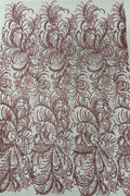 Glitter Palm Leaf Design Fabric - Dusty Rose - Tulle Mesh Glitter Leaf Design Fabric Sold By Yard
