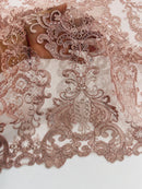 King Lace Pattern Fabric - Dusty Rose - Embroidered Sequins on Lace Mesh Fabric By Yard