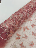 3D Butterfly Beaded Fabric - Dusty Rose - Beaded Sequins Butterfly Embroidered Fabric By Yard