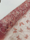 3D Butterfly Beaded Fabric - Dusty Rose - Beaded Sequins Butterfly Embroidered Fabric By Yard
