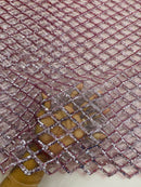 Diamond Sequins Fabric - Dusty Rose - Diamond Geometric Net Design on Mesh Lace Fabric By Yard