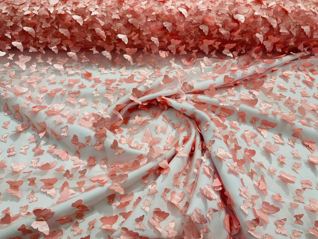3D Butterfly Design Lace - Dusty Rose - Embroidered Lace with 3D Butterfly Design By Yard
