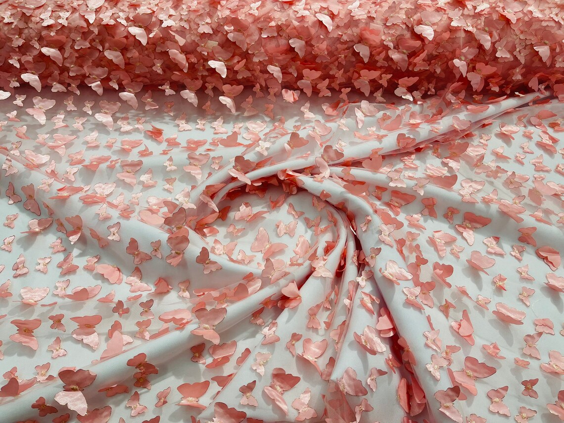 3D Butterfly Design Lace - Dusty Rose - Embroidered Lace with 3D Butterfly Design By Yard