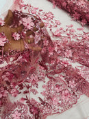 3D Flower Glitter Fabric - Dusty Rose - Floral Glitter Sequin Design on Lace Mesh Fabric by Yard