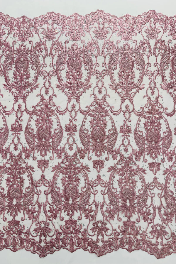 Damask Rhinestone Fabric - Dusty Rose - Beaded Embroidery Corded Lace Fabric Sold by Yard