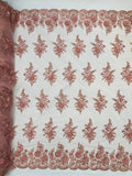 3D Floral Fabric with Floral Border - Dusty Rose - Embroidered Floral Fabric with Sequin and Beads By Yard