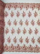 3D Floral Fabric with Floral Border - Dusty Rose - Embroidered Floral Fabric with Sequin and Beads By Yard