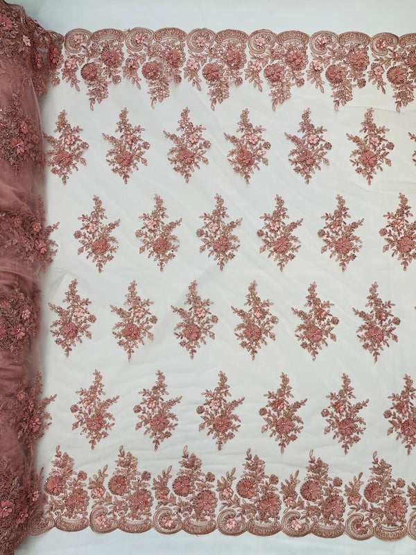 3D Floral Fabric with Floral Border - Dusty Rose - Embroidered Floral Fabric with Sequin and Beads By Yard