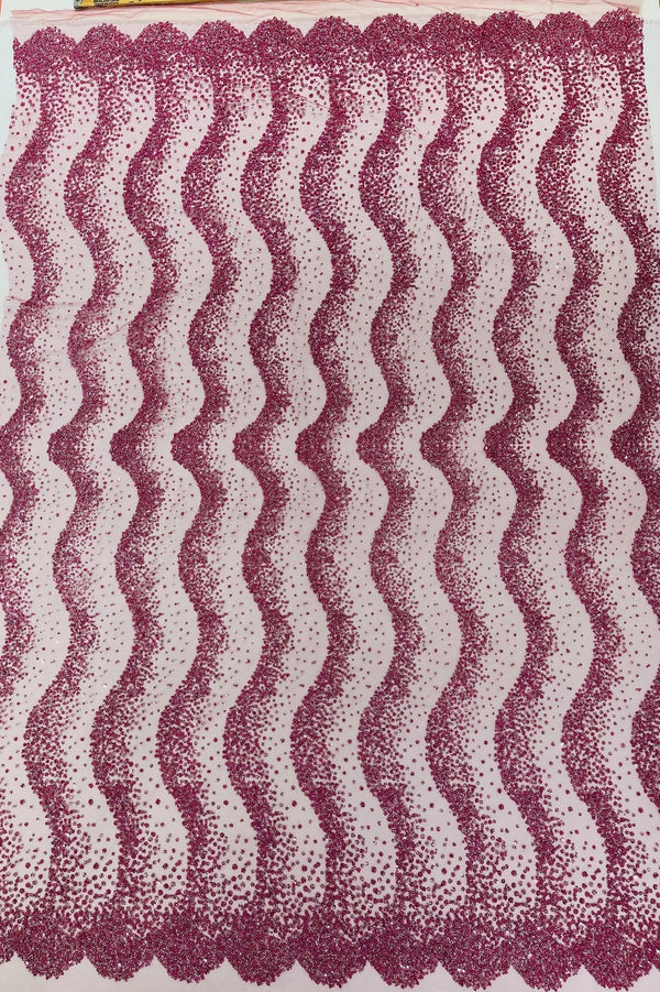 Mermaid Stripe Bead Design - Dusty Rose - Embroidered Beaded Mermaid Theme Mesh Fabric by Yard