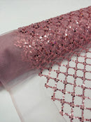 Beaded Diamond Net Fabric - Dusty Rose - Embroidered Geometric Beaded Sequins Fabric Sold By Yard