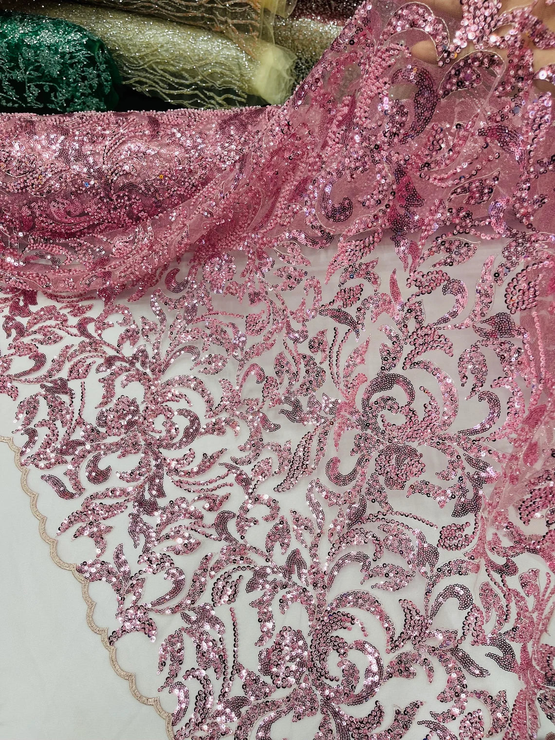 Beaded Flower Leaf Fabric - Dusty Rose - Shiny Beads and Sequins in Flower Design on Lace by Yard