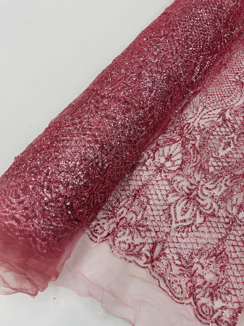 Mermaid Glitter Design - Dusty Rose - Tulle Mesh with Mermaid Tail Glitter Design Sold By Yard