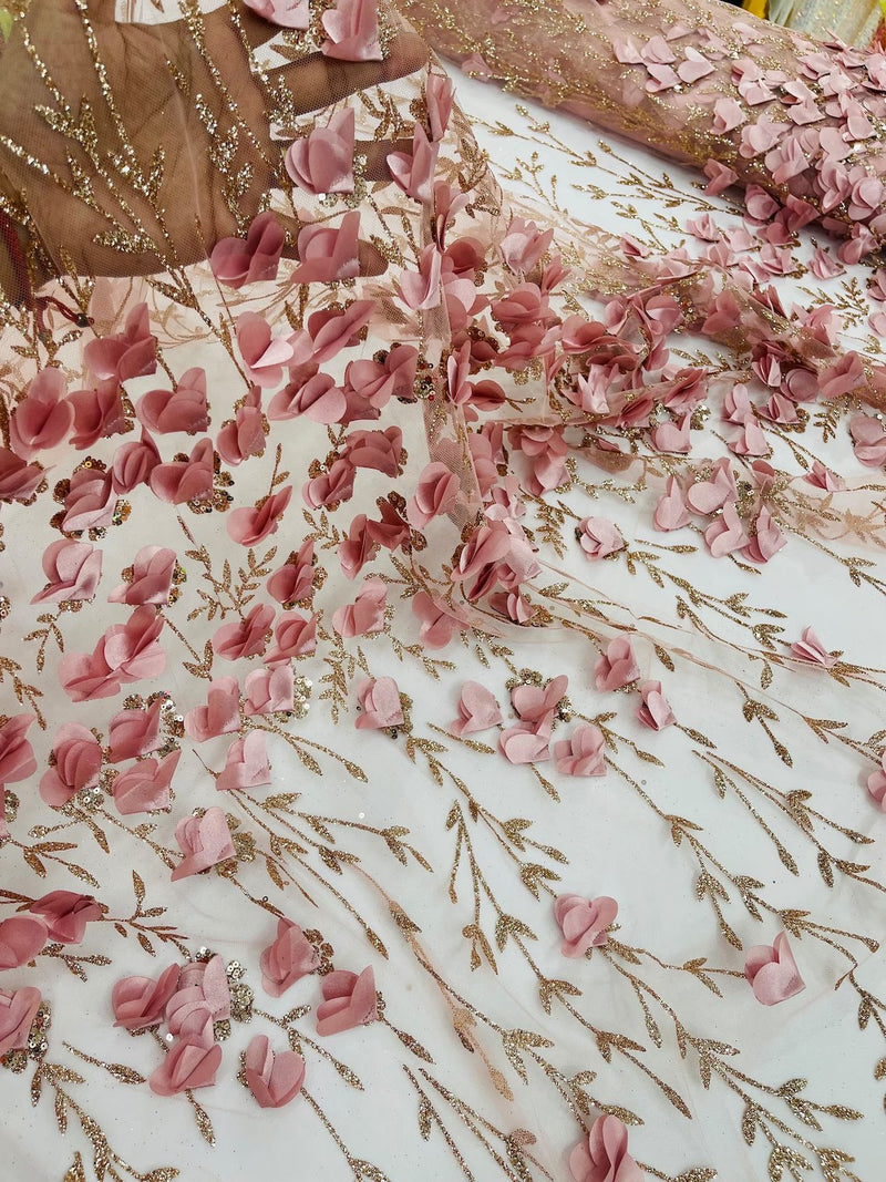 3D Flower Glitter Fabric - Dusty Rose - Flower Design on Glitter Mesh Fabric Sold By Yard