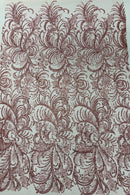 Glitter Palm Leaf Design Fabric - Dusty Rose - Tulle Mesh Glitter Leaf Design Fabric Sold By Yard