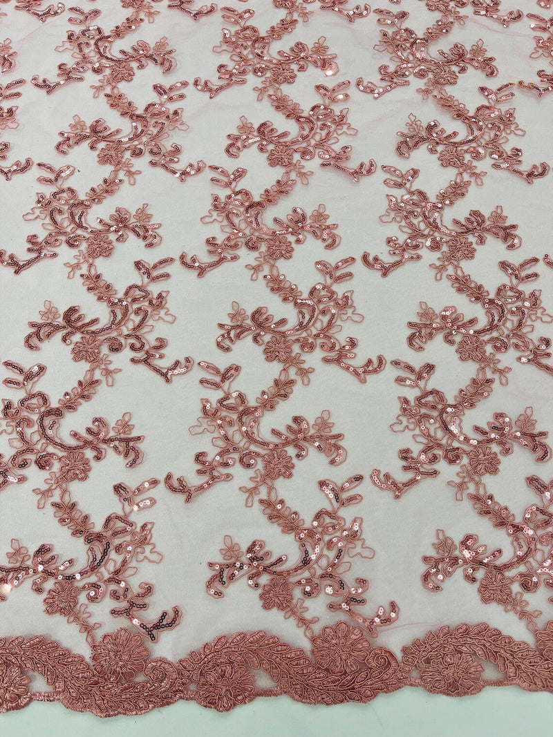 Floral Sequins Lace Fabric - Dusty Rose - Embroidery Flower Clusters Design with Shiny Sequins  Fabric Sold By Yard