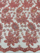 Corded Lace Floral Fabric - Dusty Rose - Hologram Sequins Metallic Thread Floral Fabric by Yard