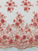 3D Embroidered Floral Fabric - Dusty Rose - 3D Rhinestone and Sequins Floral Fabric Sold By Yard