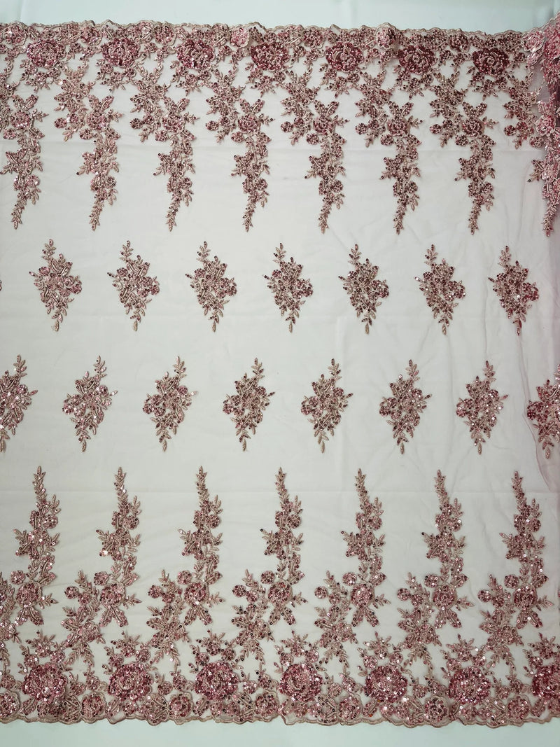 Beaded Rose Flower Fabric - Dusty Rose - Embroidered Beaded Long Border Floral Fabric By Yard