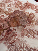 Rose Glitter Fabric - Dusty Rose - 3D Glitter Rose Tulle Fabric for Wedding, Quinceañera By Yard