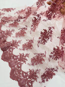 Floral Damask Lace Fabric - Dusty Rose - Embroidered Damask Flowers on Lace Fabric By Yard