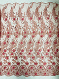 3D Floral Leaf Panels - Dusty Rose - Embroidered 3D Flower Lines with Pearls on Lace By Yard