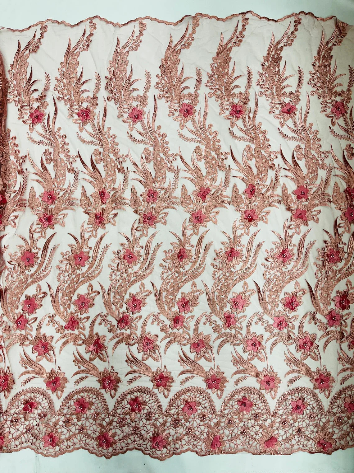 3D Floral Leaf Panels - Dusty Rose - Embroidered 3D Flower Lines with Pearls on Lace By Yard