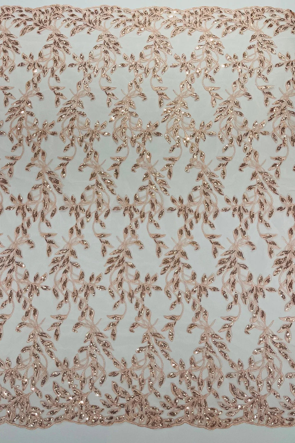 Metallic Thread Leaf Design - Dusty Rose - Embroidered Leaf With Sequins Design on Mesh Lace Fabric by the Yard