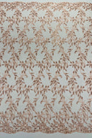 Metallic Thread Leaf Design - Dusty Rose - Embroidered Leaf With Sequins Design on Mesh Lace Fabric by the Yard
