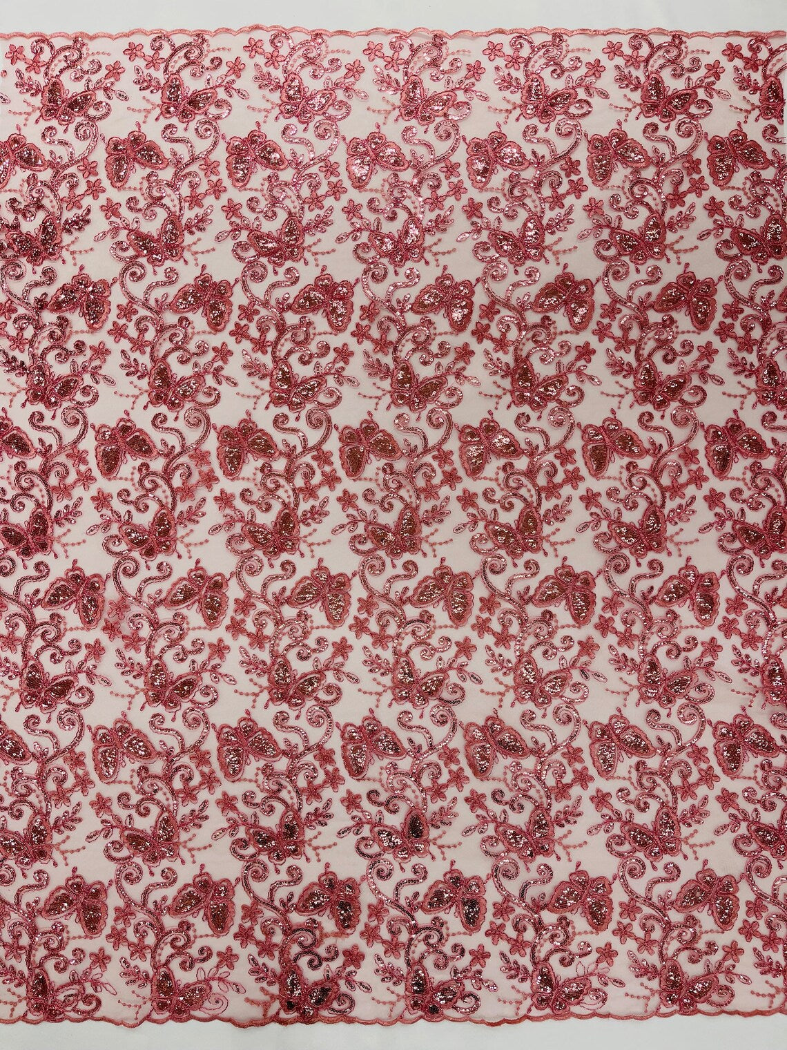 Butterfly Sequins Fabric - Dusty Rose - Metallic Floral Butterfly Design on Lace Fabric By Yard
