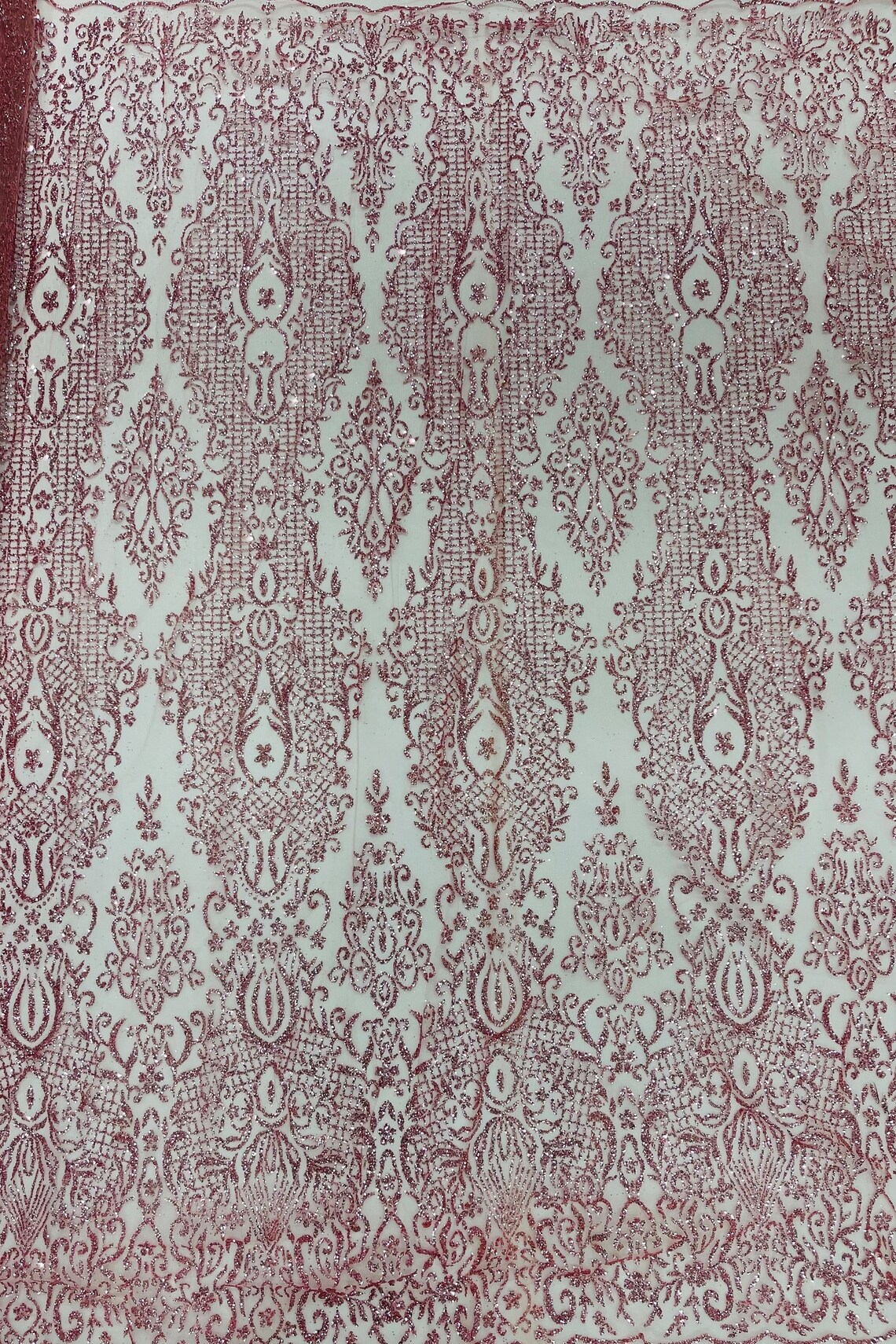 Long Damask Glitter Design - Silver - Tulle Mesh with Mermaid Tail Glitter Design Sold By Yard