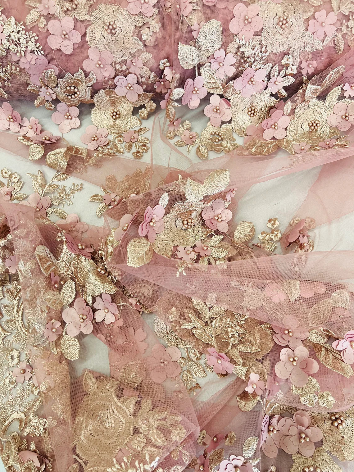 Floral 3D Rose Fabric - Dusty Rose - Embroided Rose Flower Design Fabric Sold by Yard