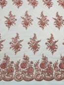3D Floral Fabric with Floral Border - Dusty Rose - Embroidered Floral Fabric with Sequin and Beads By Yard