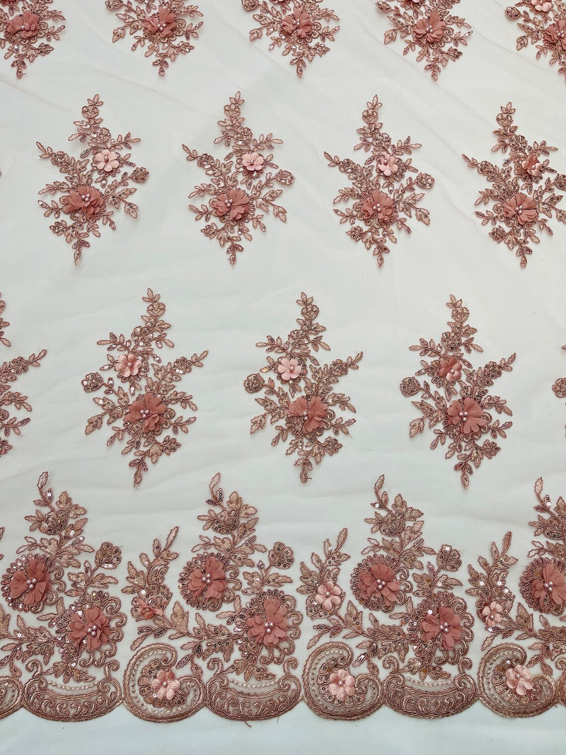 3D Floral Fabric with Floral Border - Dusty Rose - Embroidered Floral Fabric with Sequin and Beads By Yard