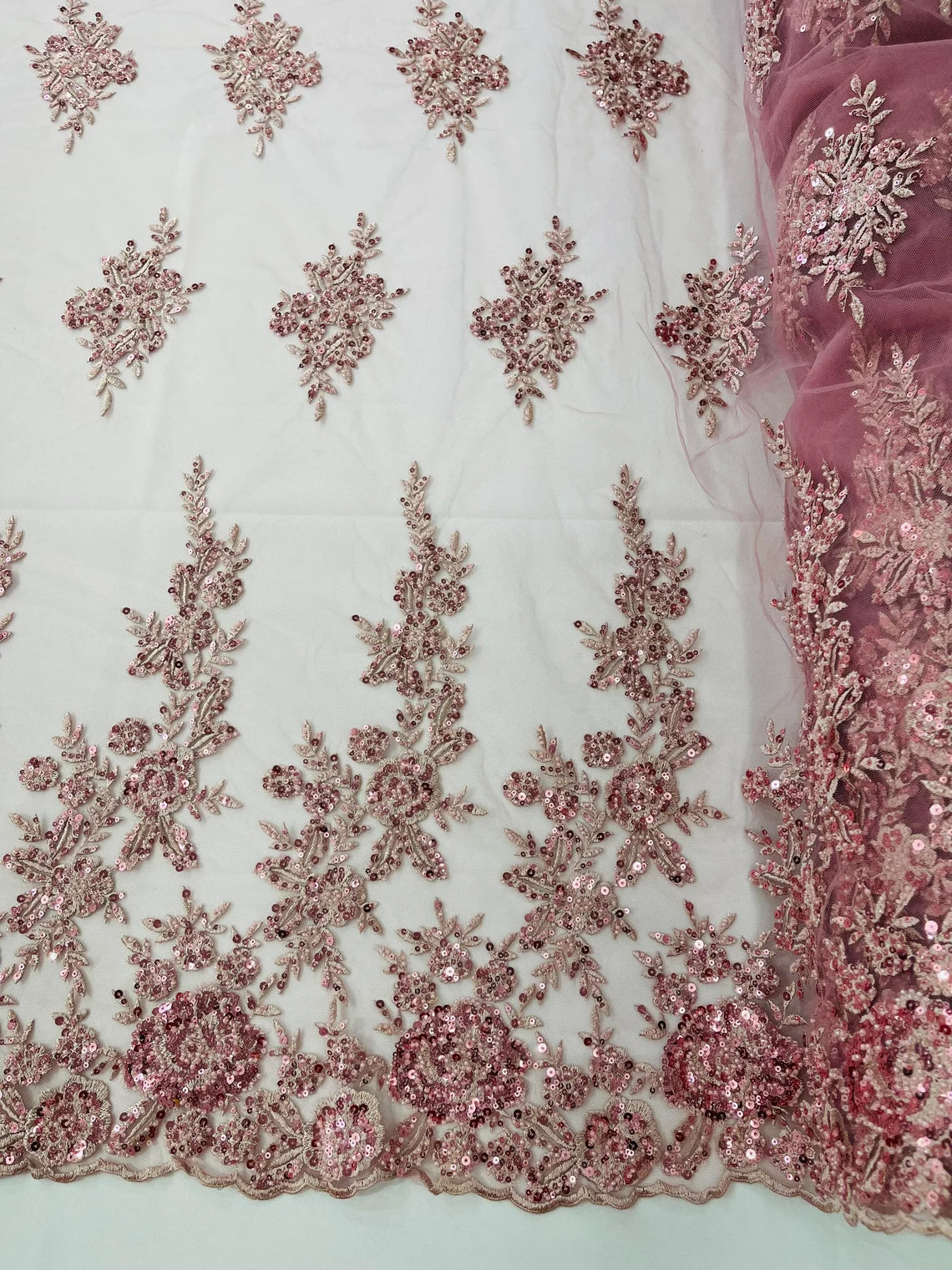 Beaded Rose Flower Fabric - Dusty Rose - Embroidered Beaded Long Border Floral Fabric By Yard