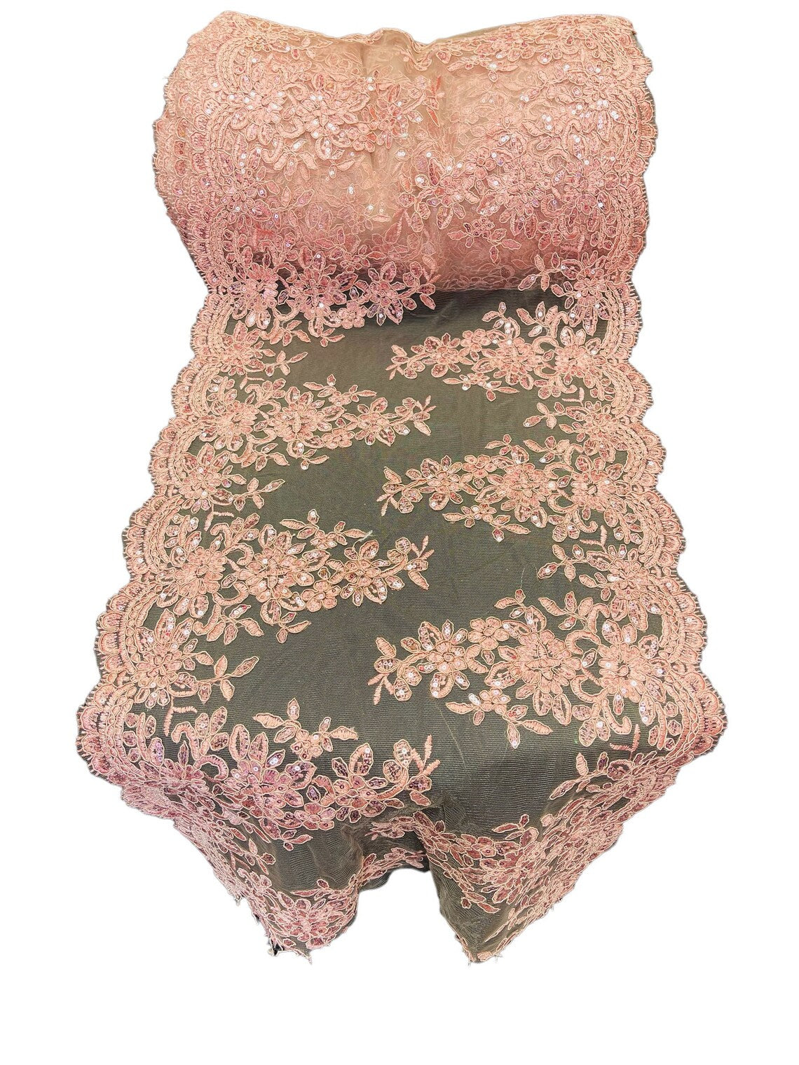 Flower Cluster Lace Sequins Table Runner - Dusty Rose - Floral Lace Table Runner Sold By Yard