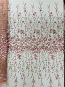 3D Flower Glitter Fabric - Dusty Rose - Flower Design on Glitter Mesh Fabric Sold By Yard