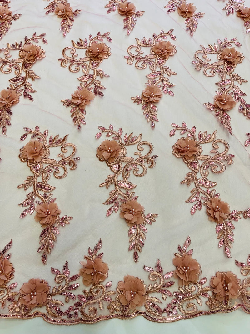 3D Flower Cluster Fabric - Dusty Rose - 3D Flower Leaf Design Fabric with Pearls Sold By Yard