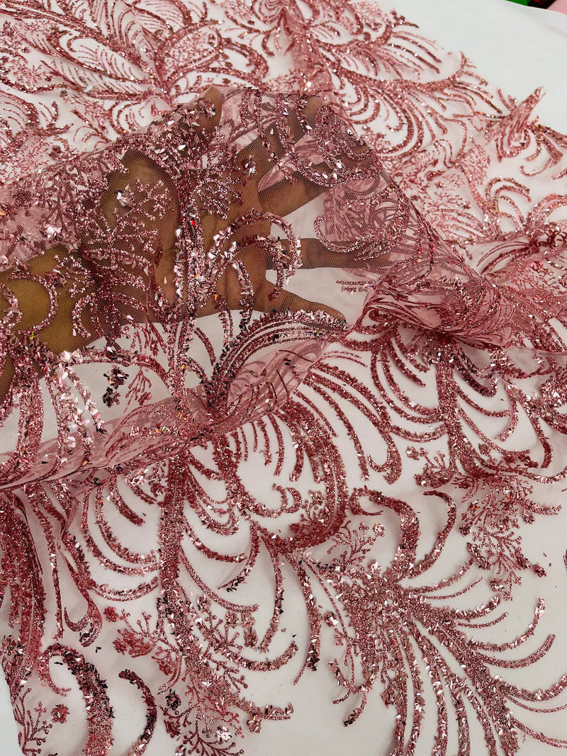 Glitter Palm Leaf Design Fabric - Dusty Rose - Tulle Mesh Glitter Leaf Design Fabric Sold By Yard
