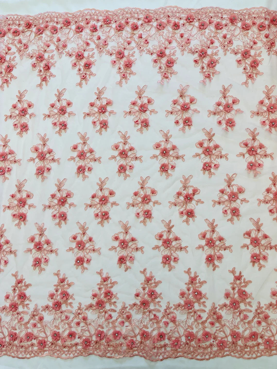 3D Embroidered Floral Fabric - Dusty Rose - 3D Rhinestone and Sequins Floral Fabric Sold By Yard