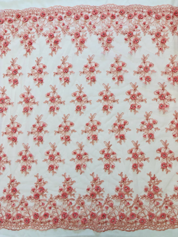 3D Embroidered Floral Fabric - Dusty Rose - 3D Rhinestone and Sequins Floral Fabric Sold By Yard